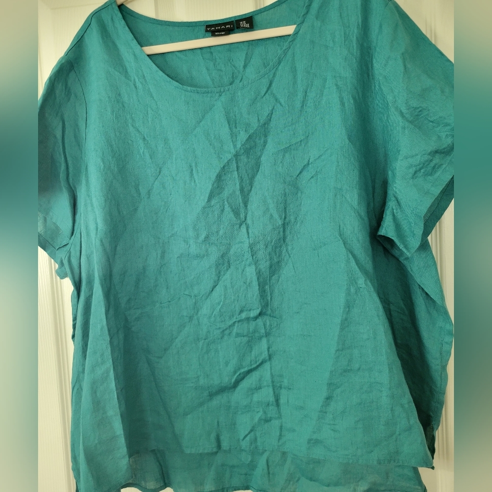 Tahari Womens Linen Boxy Teal Top Lagenlook Minimalist Size 3XL